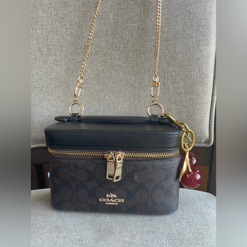 COPY - NWT!COACH COSMETIC CASE CROSSBODY IN SIGNATURE CANVAS(CW728)GOLD/WALNUT/… - Picture 1 of 9